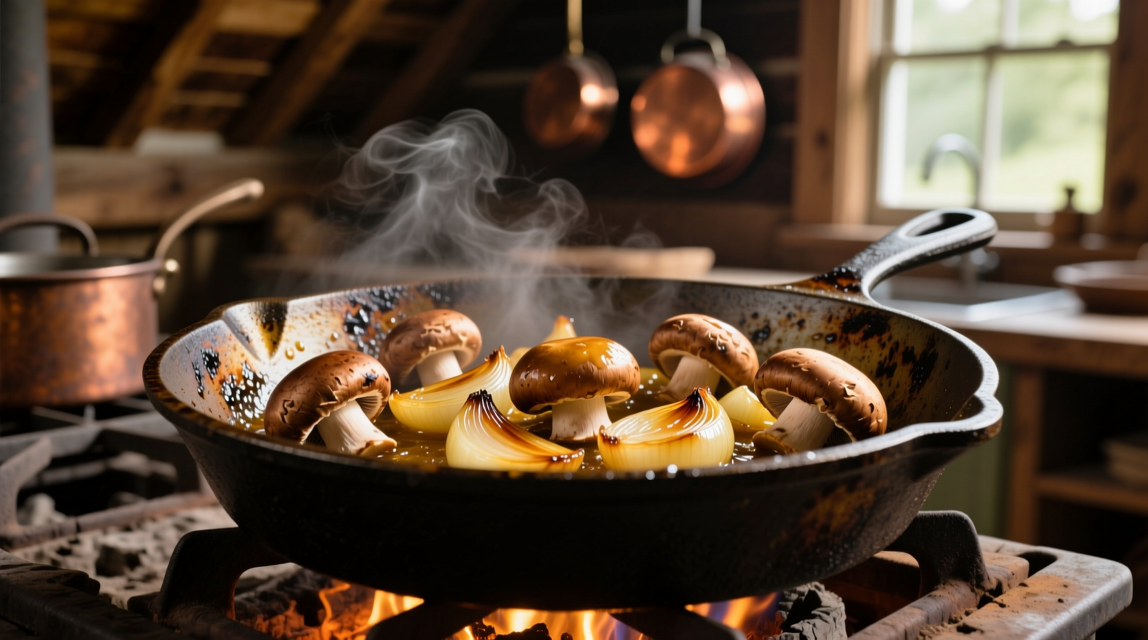 Golden brown mushrooms and onions in cast iron skillet