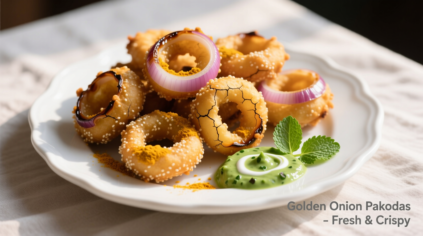 Golden onion pakodas on a white plate with mint chutney