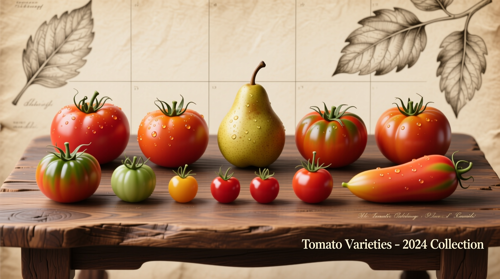 Special tomato varieties arranged by color and shape on wooden table