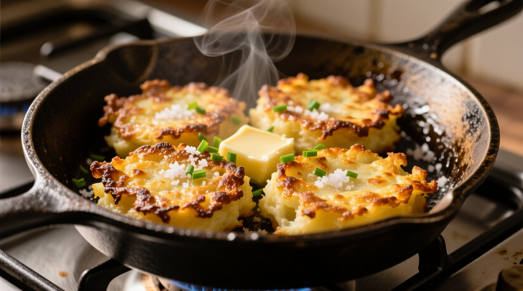 Golden Irish potato cakes with crispy edges on cast iron skillet