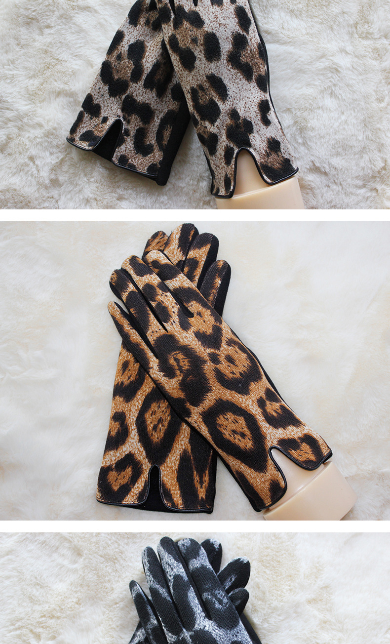 时尚冬季户外骑行手套高品质冬季女士羊绒触摸屏豹纹印花手套