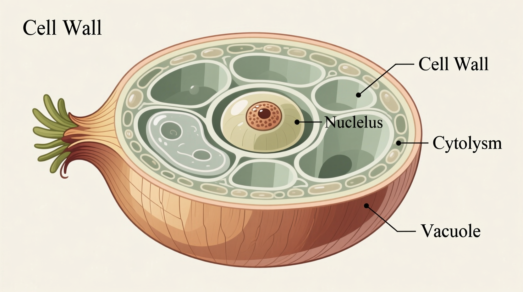 Labeled diagram of onion cell under microscope showing cell wall and nucleus