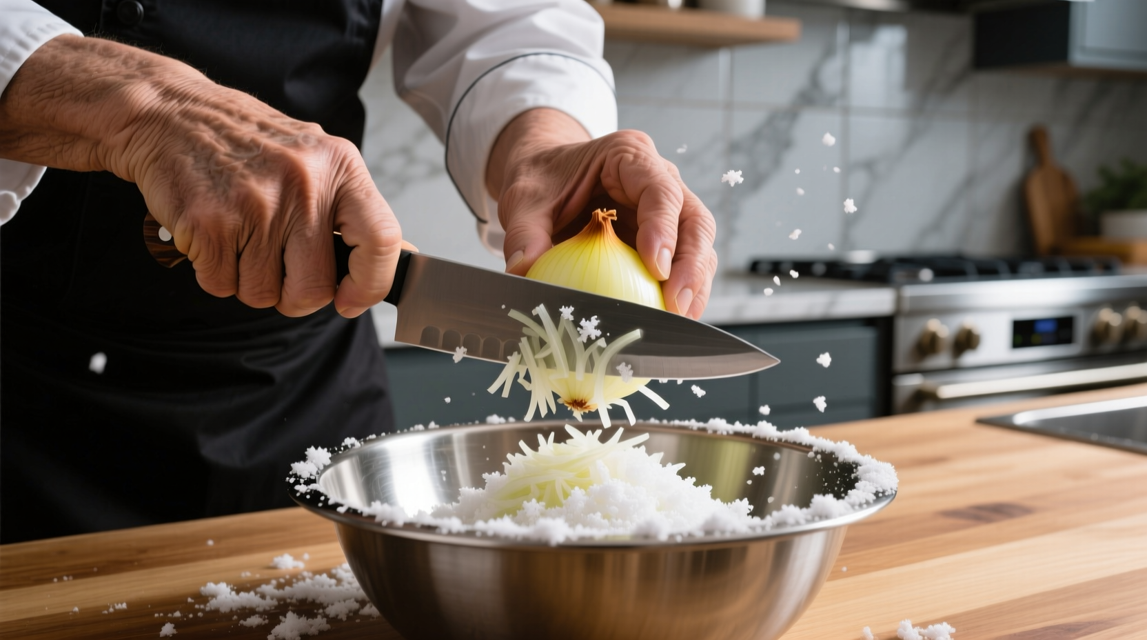 Chef's hands preparing fine onion snow garnish