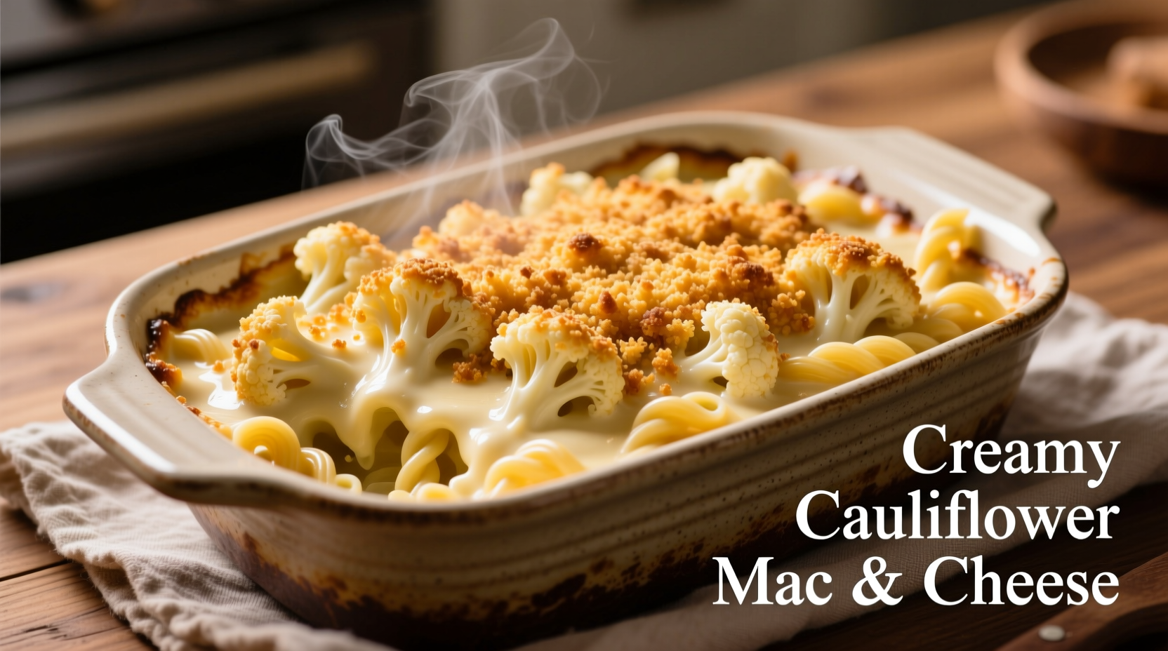 Creamy cauliflower mac and cheese with golden breadcrumb topping
