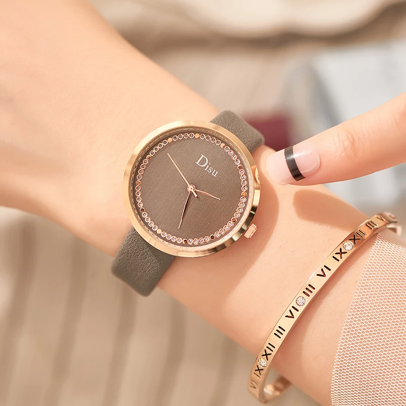 DISU Top Brand Fashion Ladies Watches PU Leather Female Quartz Watch Women Thin Casual Strap Watch