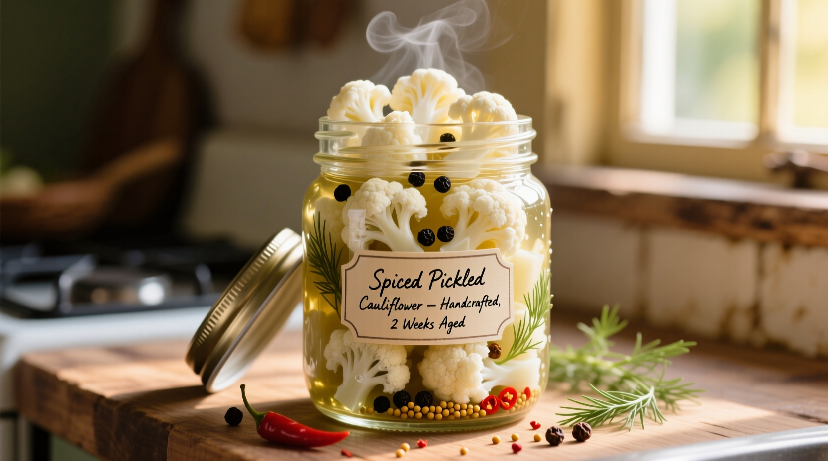 Crisp pickled cauliflower in mason jar with spices
