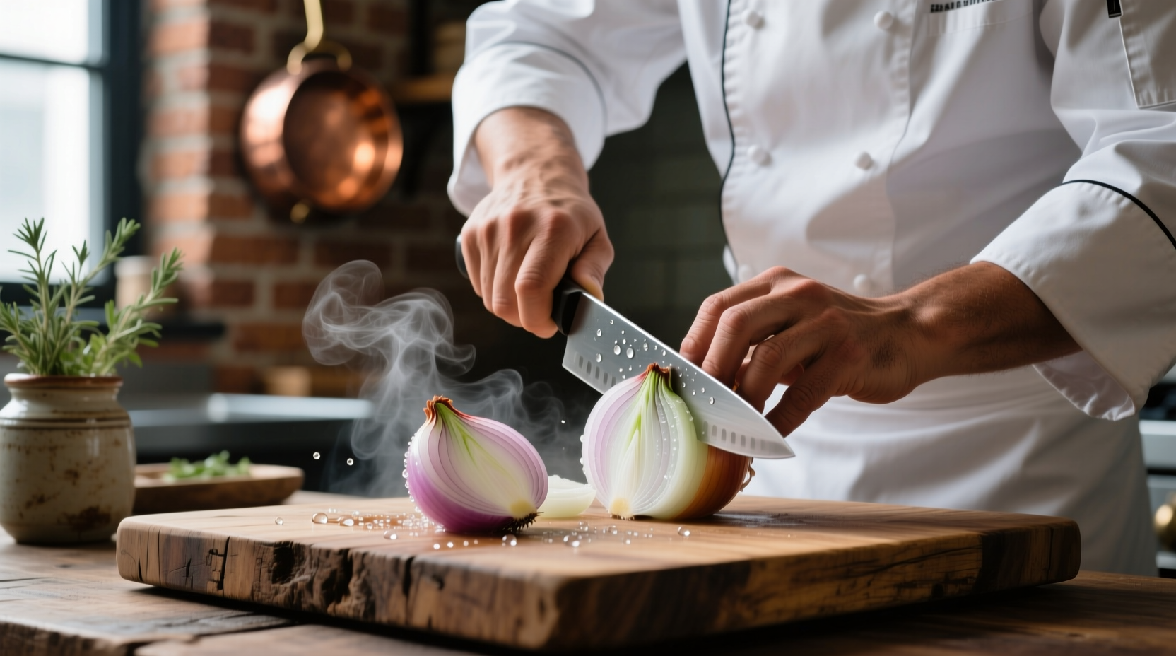 Chef cutting chilled onion on wooden cutting board