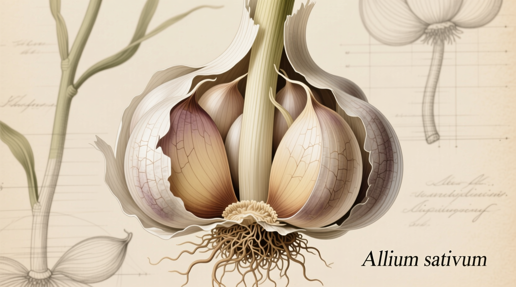 Garlic bulb with cloves showing botanical details