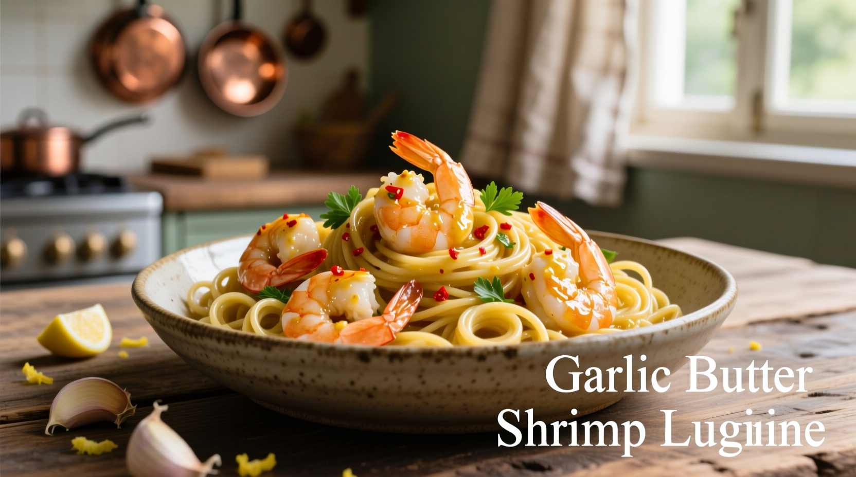 Golden garlic butter shrimp tossed with fresh linguine