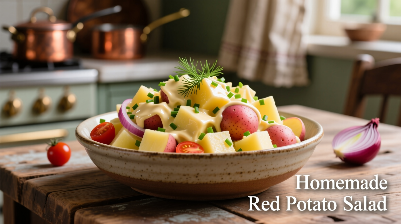 Creamy red skin potato salad in serving bowl
