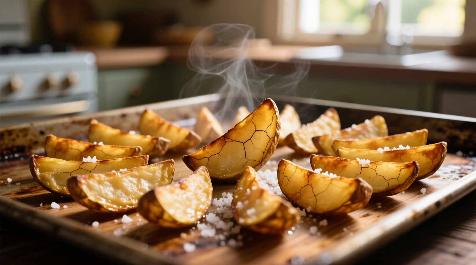 Golden brown crispy potato wedges on baking sheet