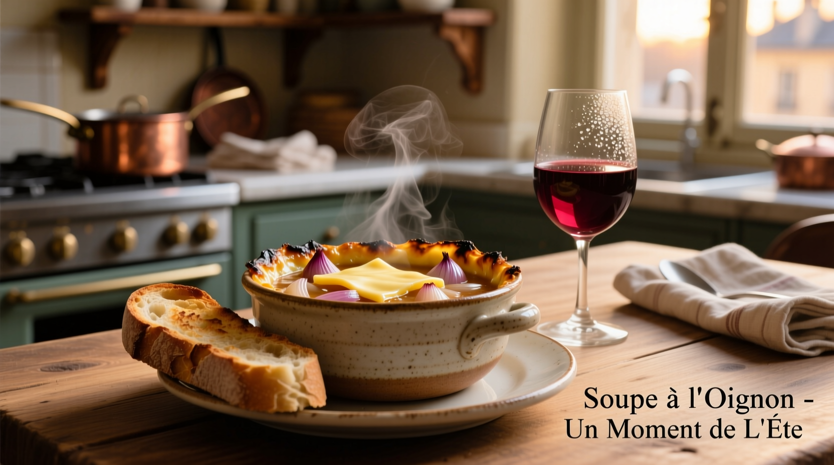 French onion soup with baguette and wine pairing