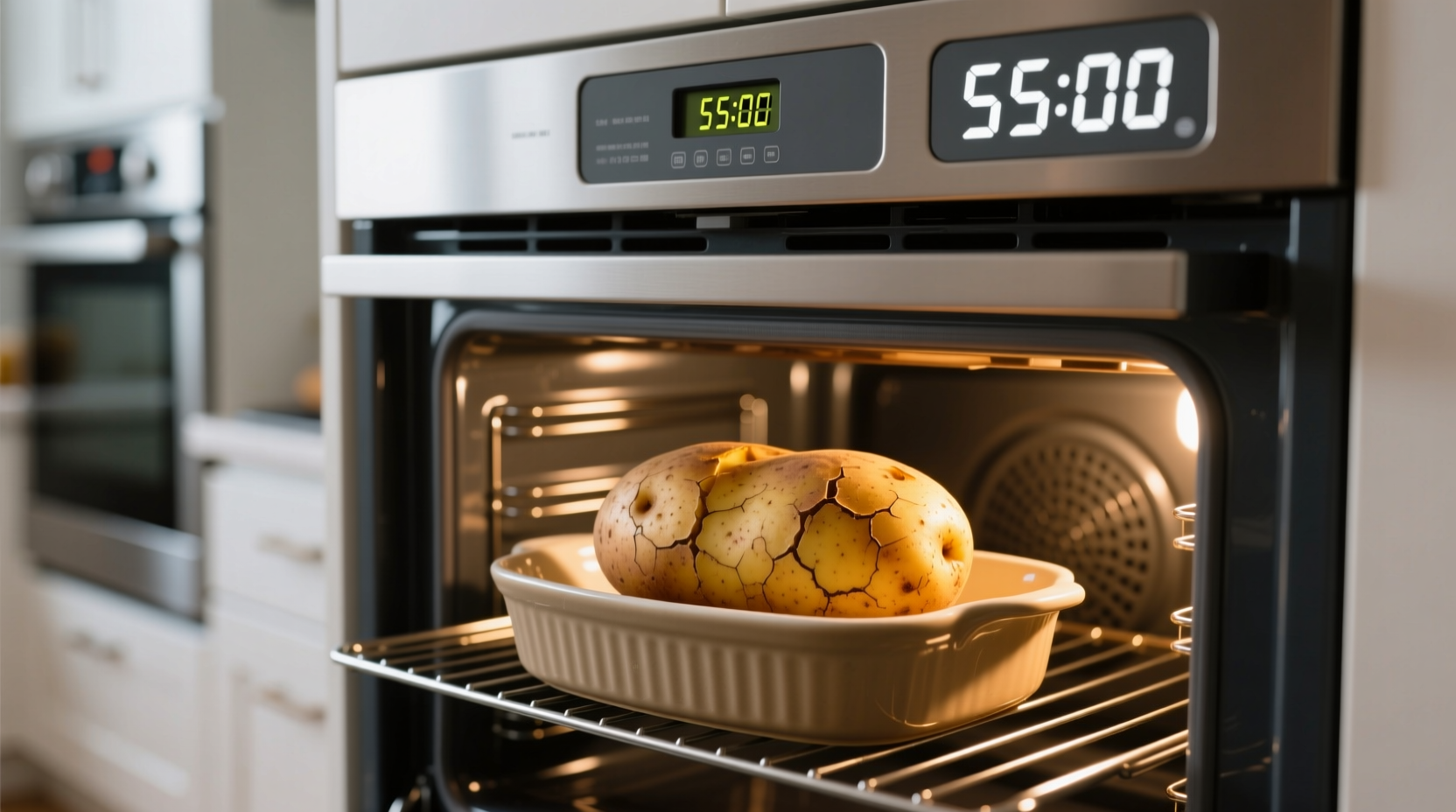 Russet potato baking in oven with timer showing 55 minutes