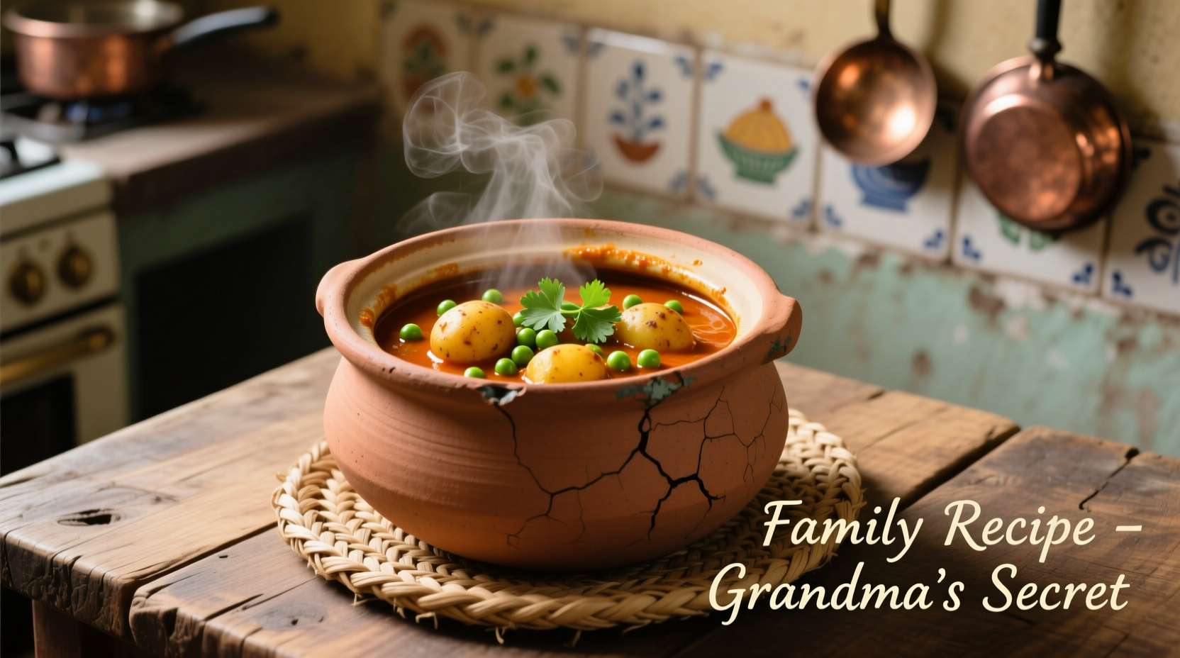 Potato peas curry in traditional clay pot