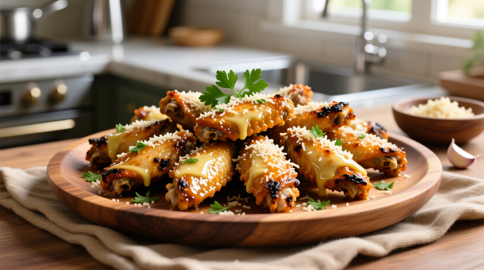 Crispy golden parmesan garlic wings on serving platter