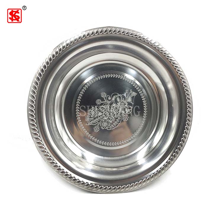 Thailand Style Stainless Steel Serving Plate / Metal Round Serving Dish / Flower Pattern Tray 30cm