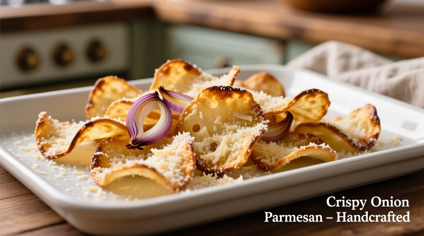 Golden brown onion parmesan crisps on baking sheet