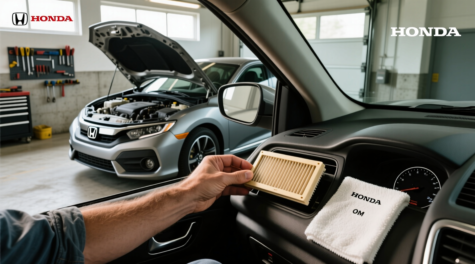 Hands removing old cabin air filter from 2008 Honda Civic