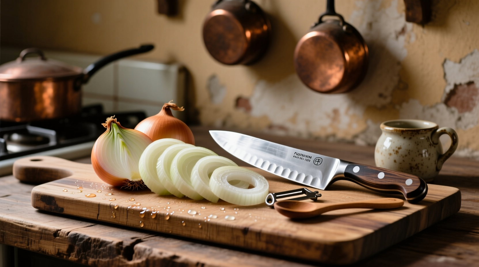 Fresh sweet onions on wooden cutting board with kitchen tools