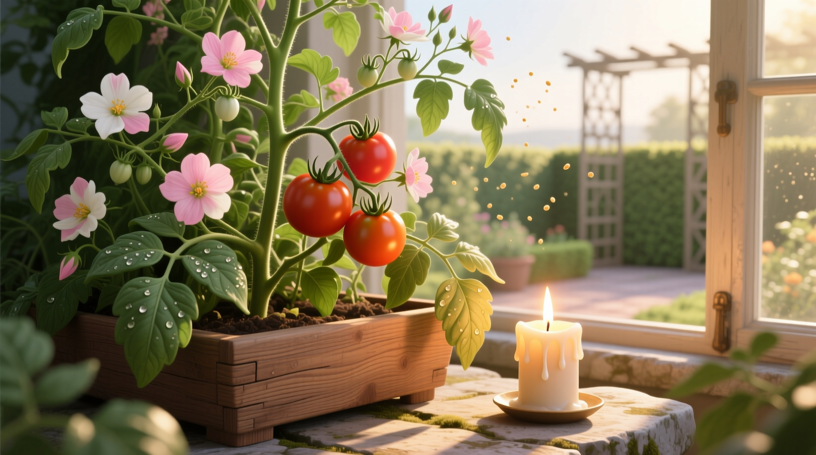 Tomato plant with flowering vines and candle nearby