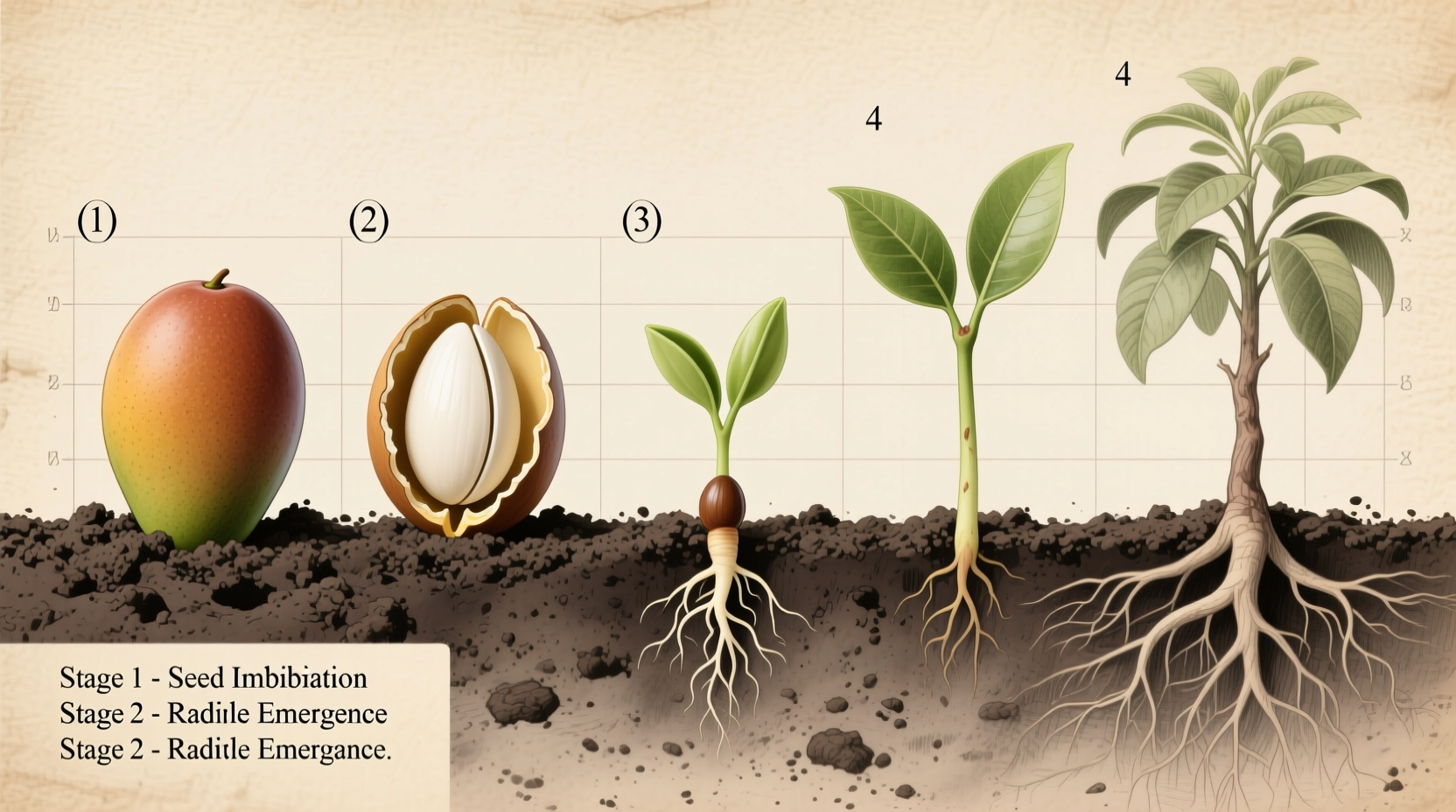 Mango seed germination stages in soil