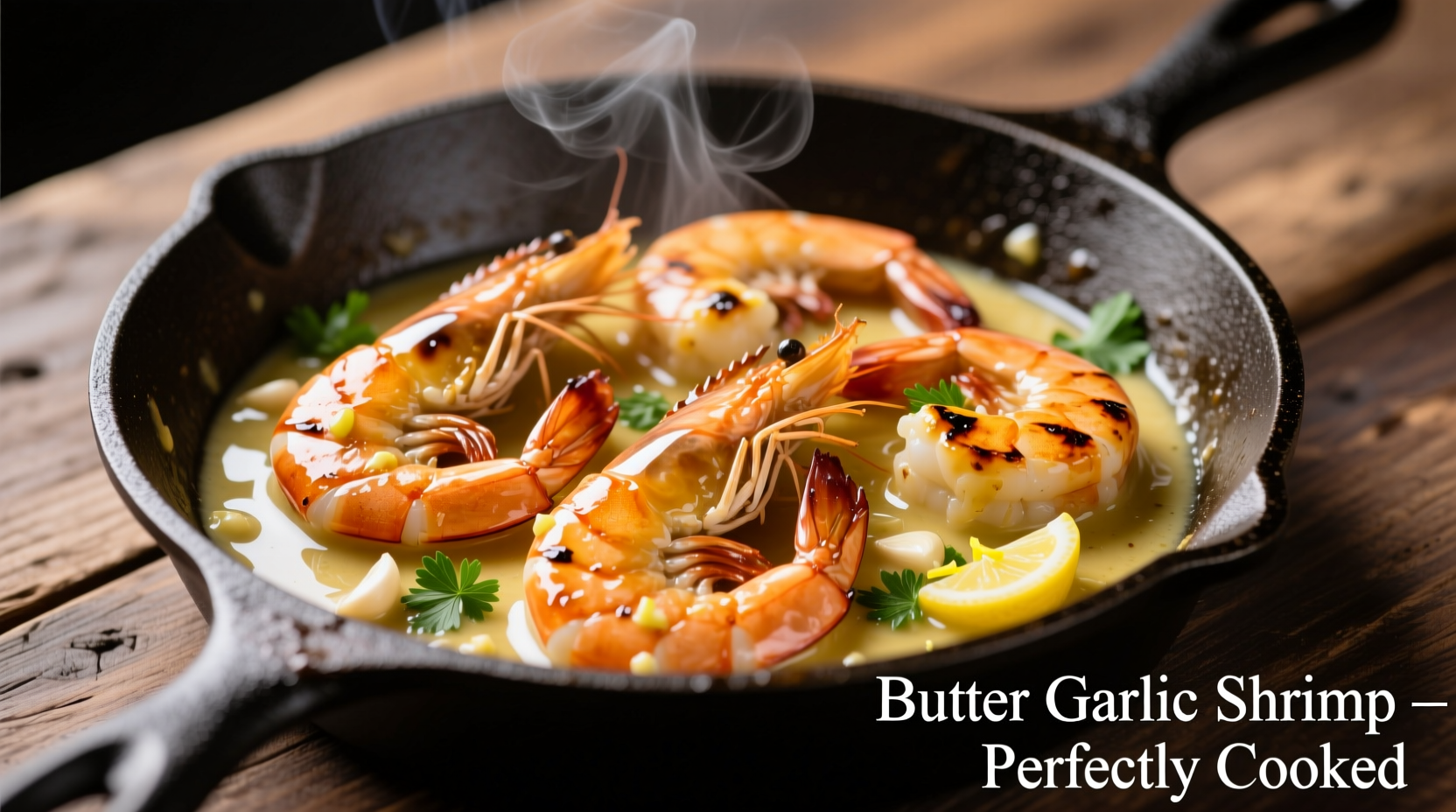 Perfectly cooked shrimp with butter garlic sauce in skillet