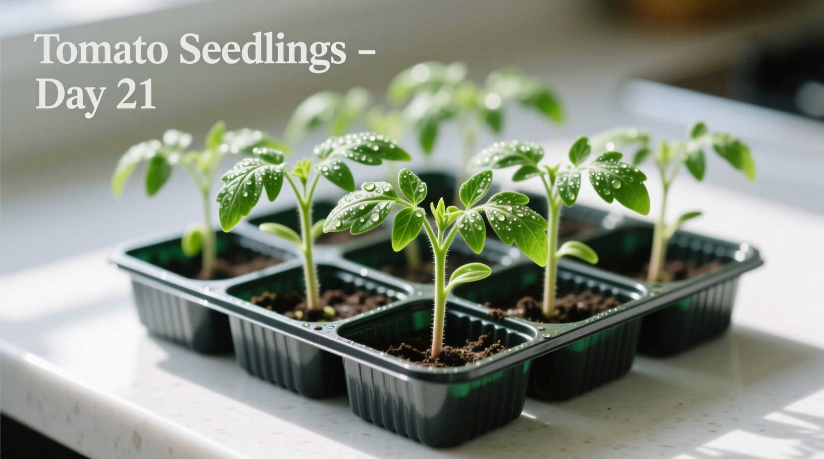 Healthy tomato seedlings in starter trays