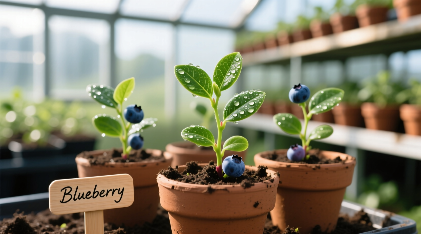 Blueberry seedlings in small pots with healthy green growth