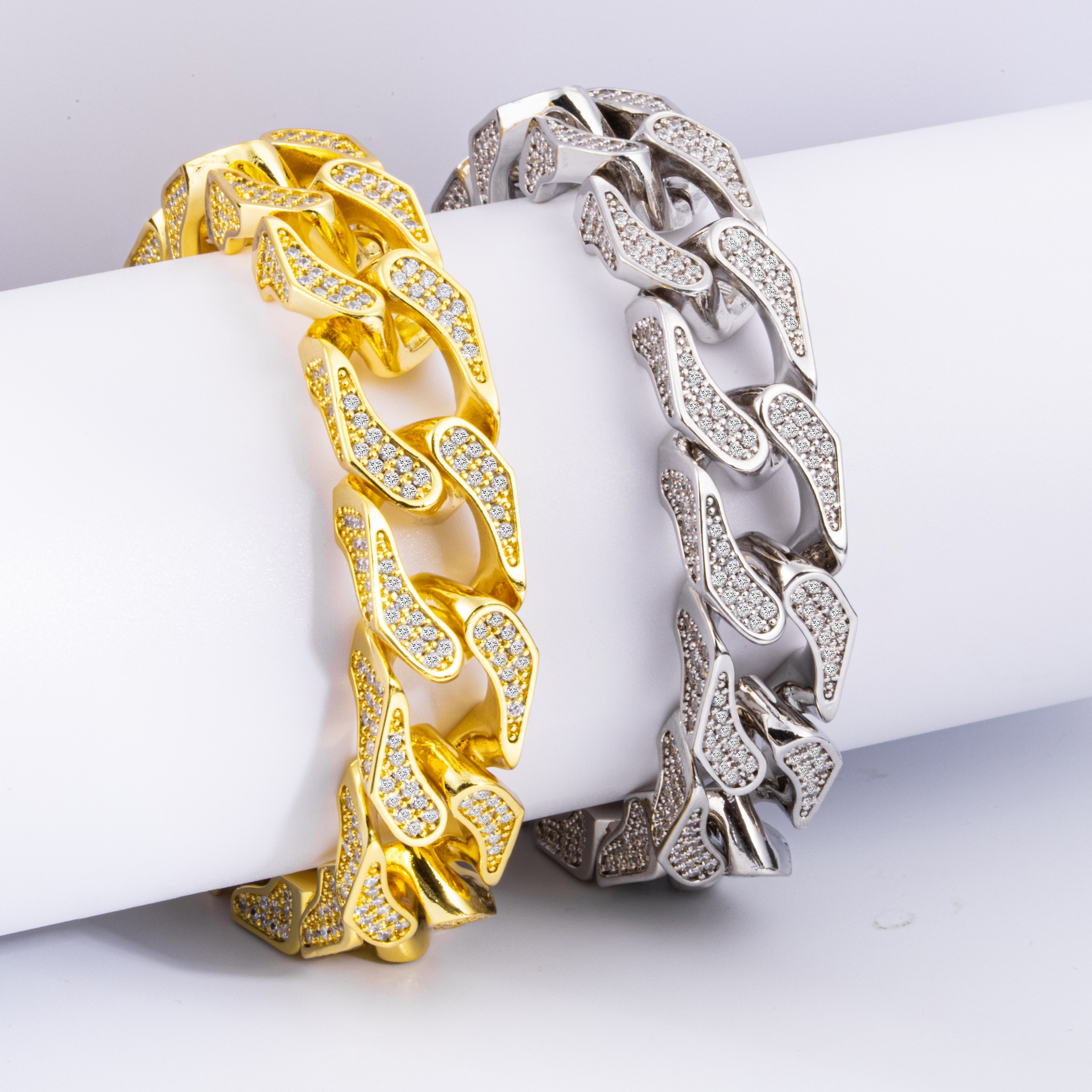 声明朋克珠宝全水晶水钻迈阿密古巴链接手链男士立方氧化锆cz嘻哈古巴