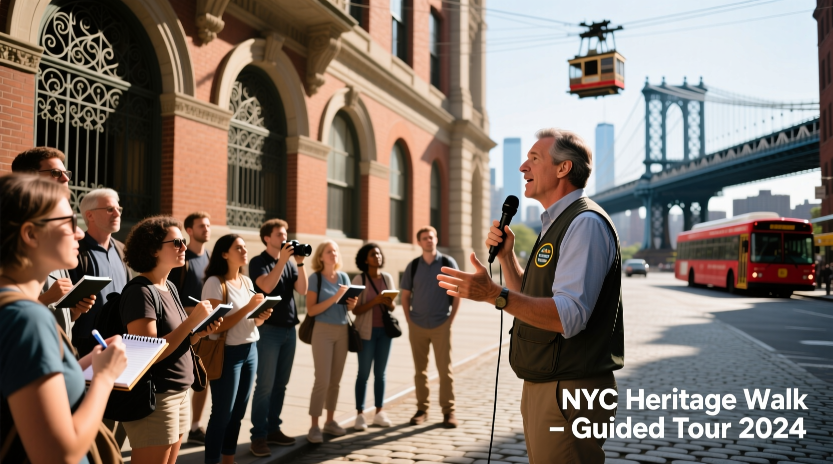Group of tourists listening to guide near historic NYC building