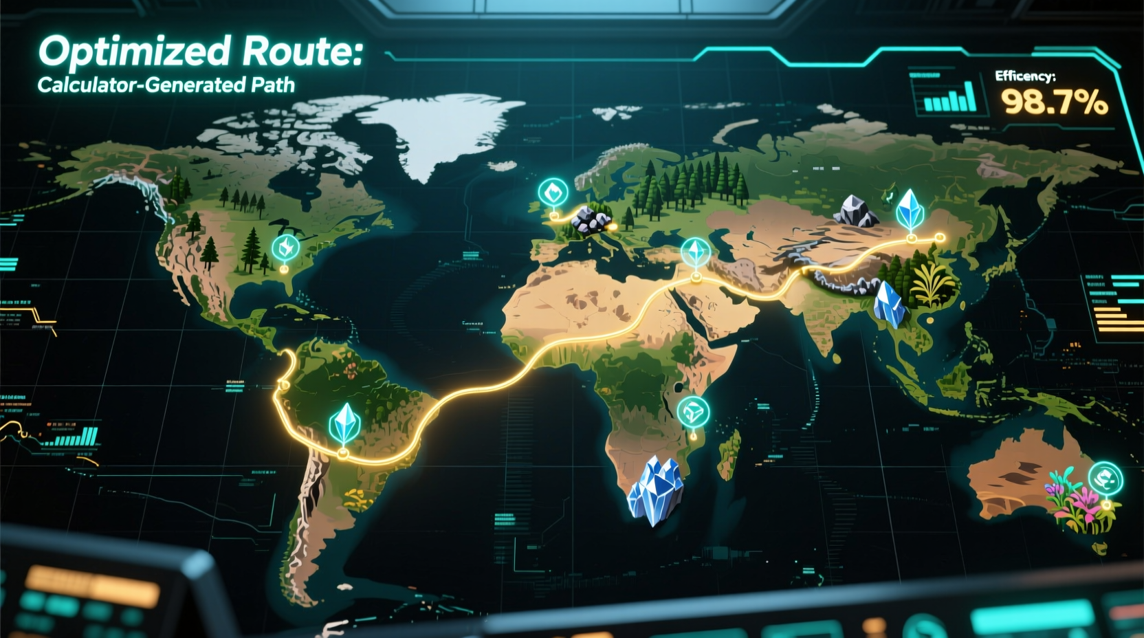 New World map showing optimized resource gathering route from calculator