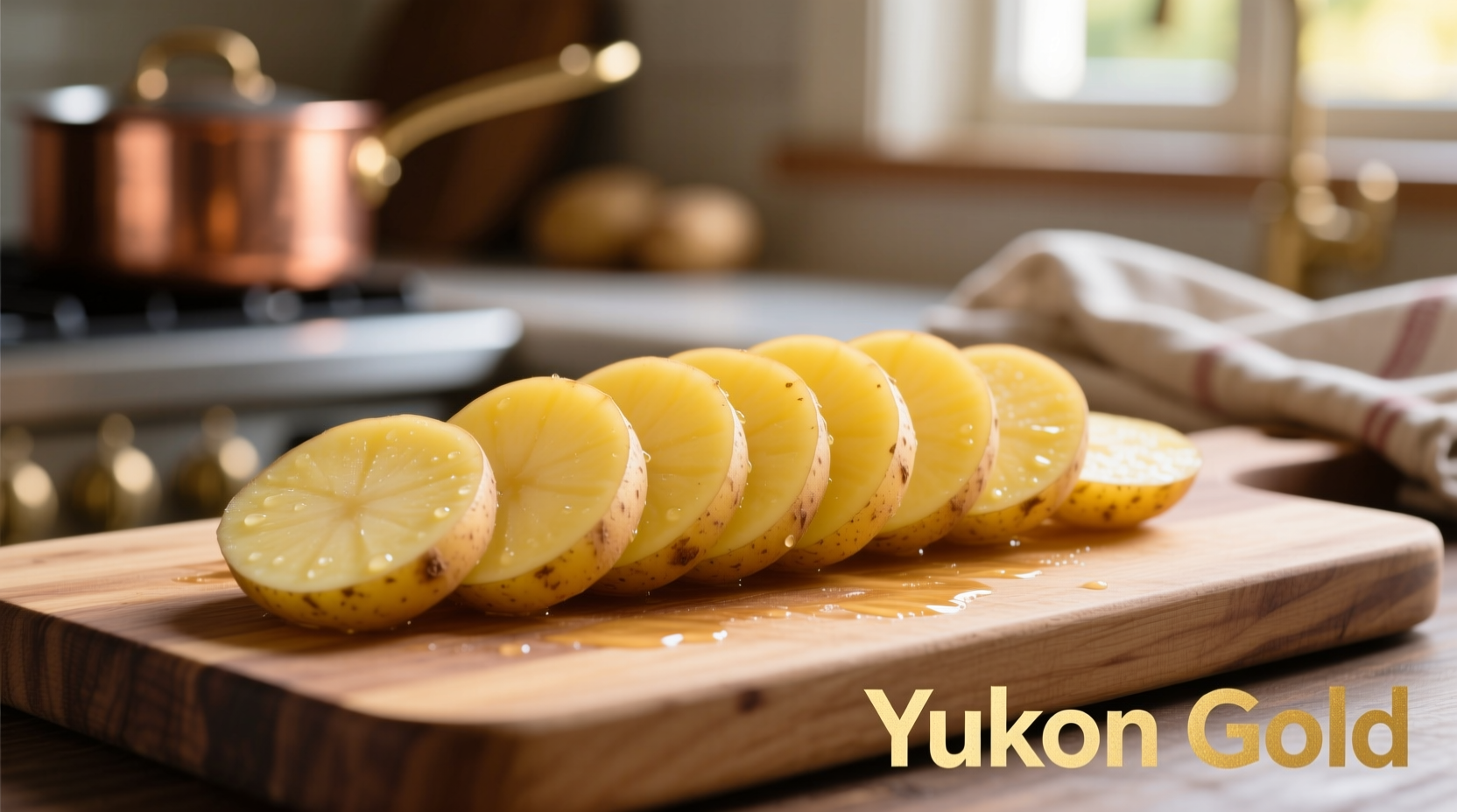 Yukon Gold potatoes sliced for sandwich preparation