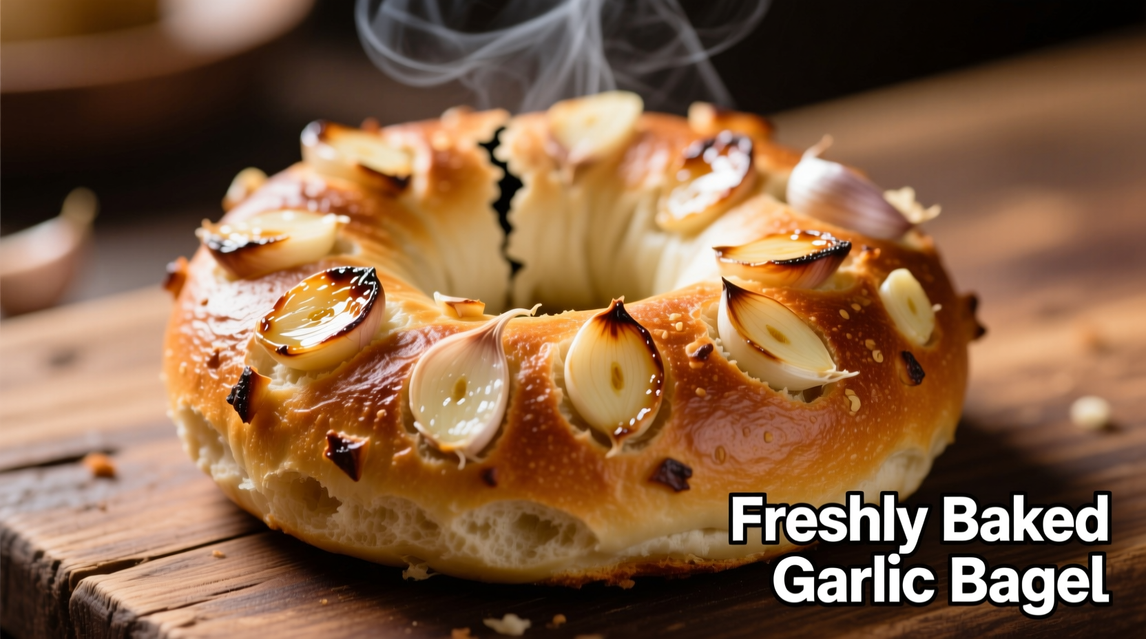 Freshly baked garlic bagel with visible garlic pieces