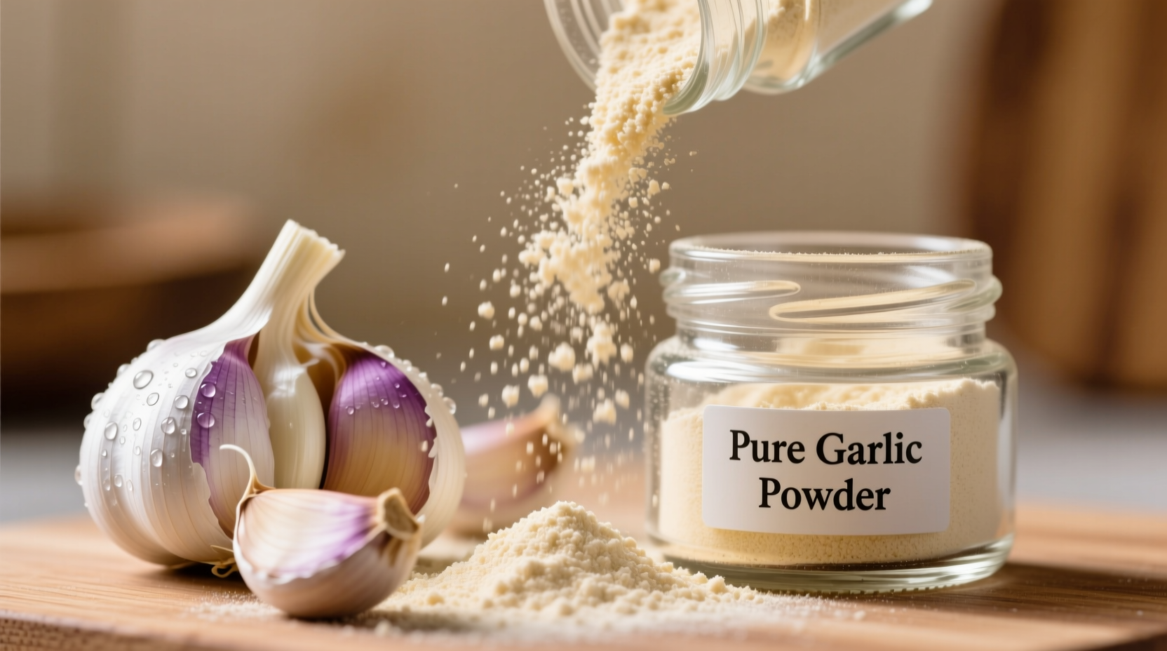 Close-up of garlic powder in glass jar with fresh garlic cloves