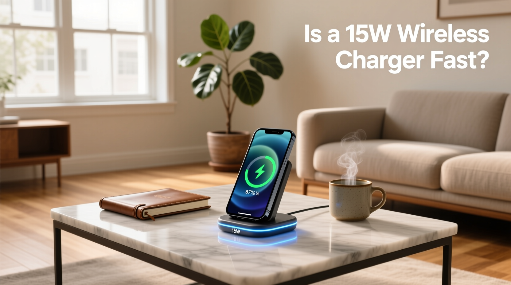 Three-in-one wireless charging station with smartphone, AirPods, and Apple Watch placed on designated zones