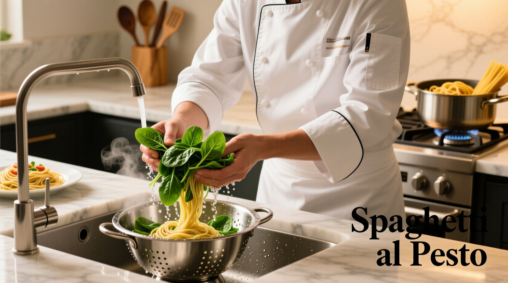Chef preparing fresh spinach for spaghetti dish