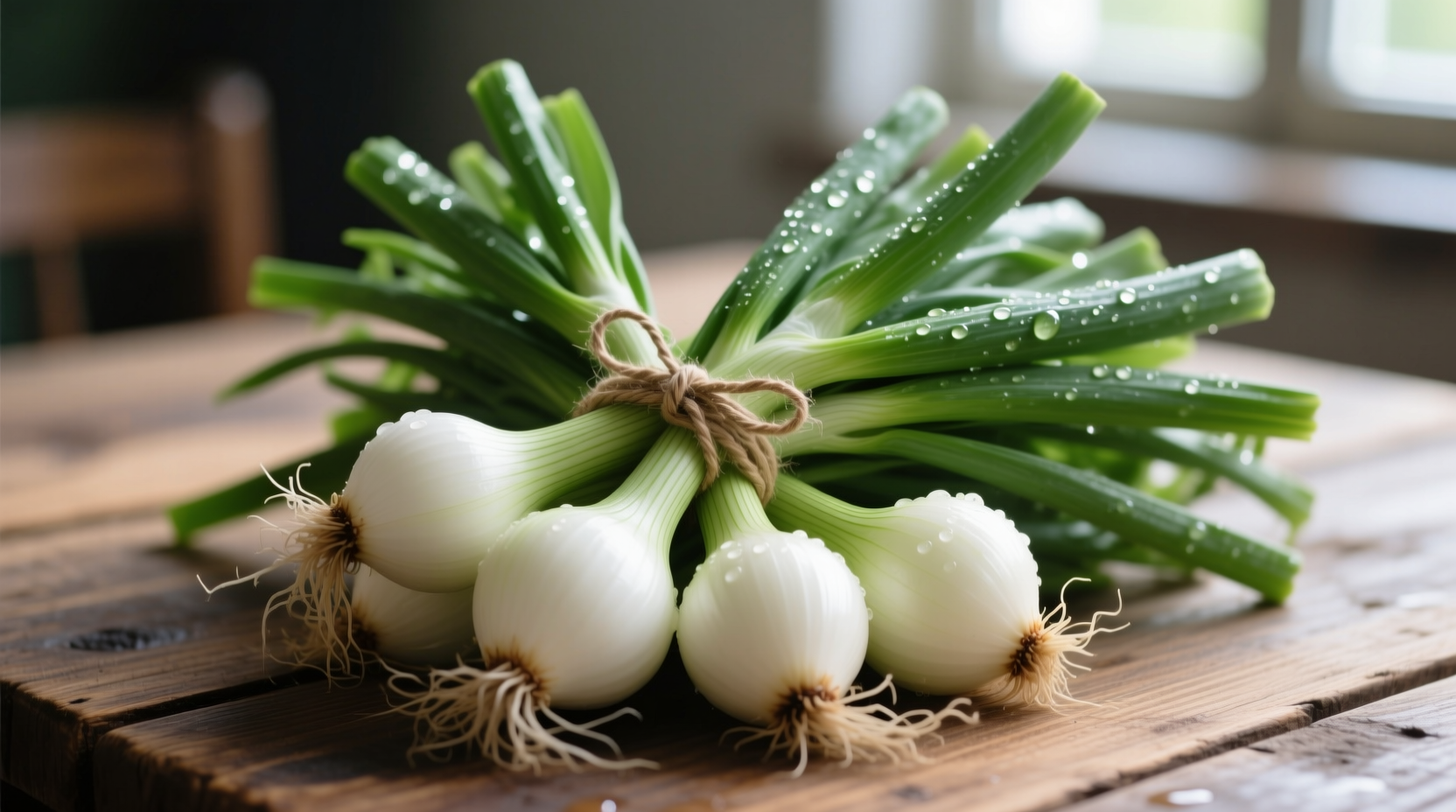 Fresh bunch onions with white roots and green stalks