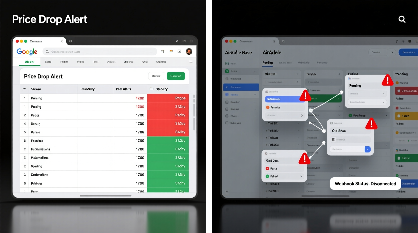 Side-by-side screenshot showing a clean Google Sheets interface with color-coded price drop alerts next to an Airtable base cluttered with unused fields, inactive automations, and disconnected webhooks