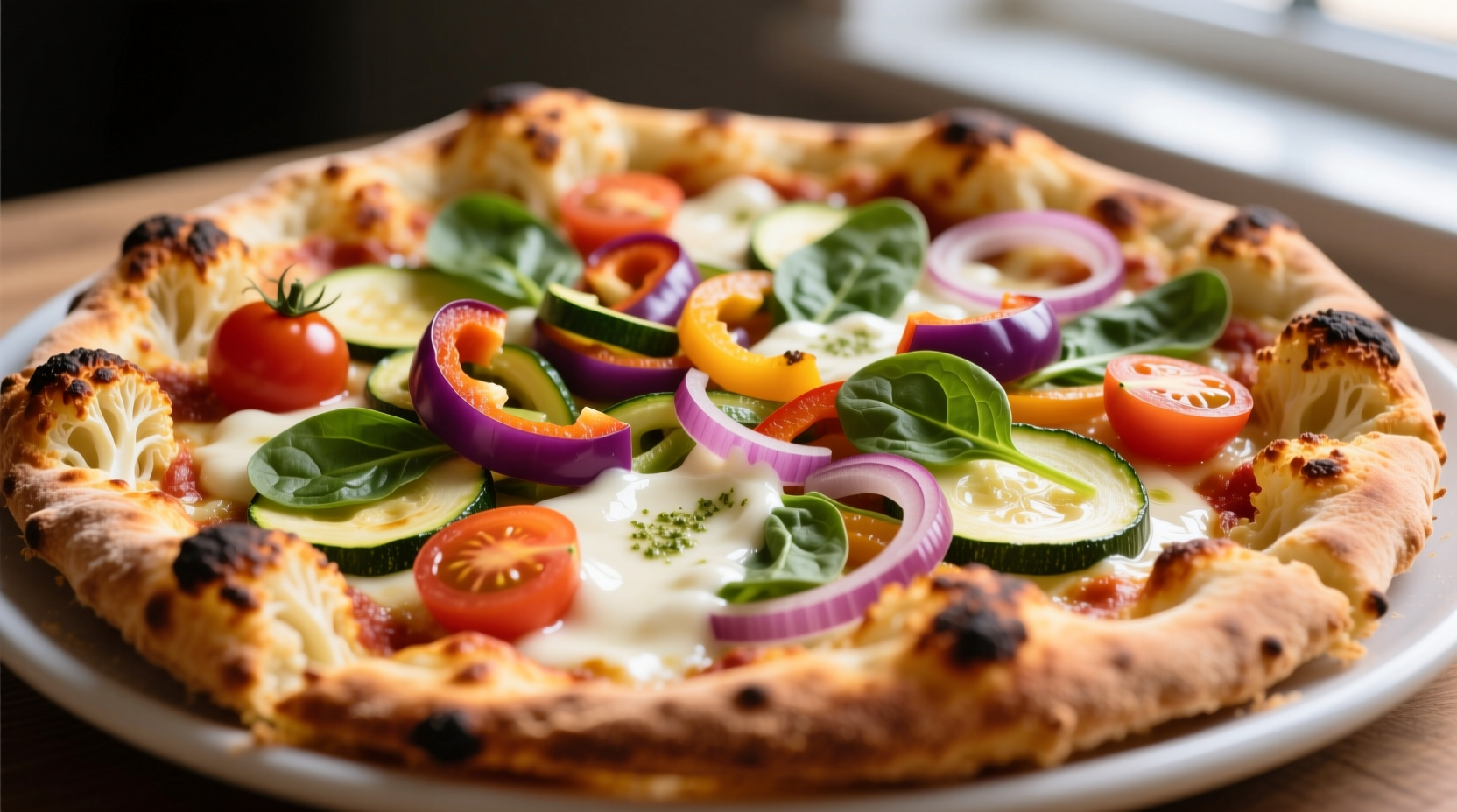 Perfectly golden cauliflower pizza crust topped with vegetables