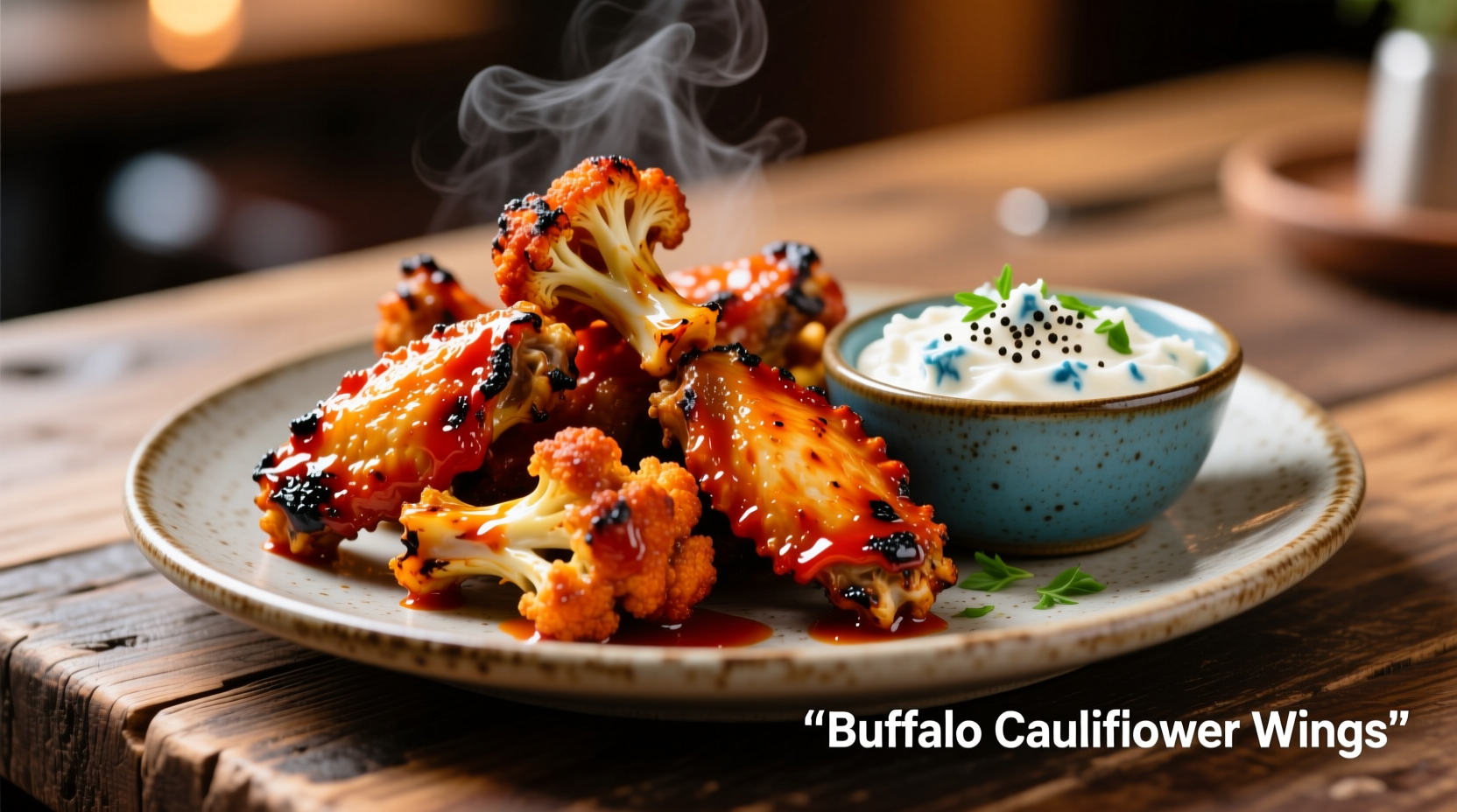 Crispy buffalo cauliflower wings on a plate with blue cheese dip