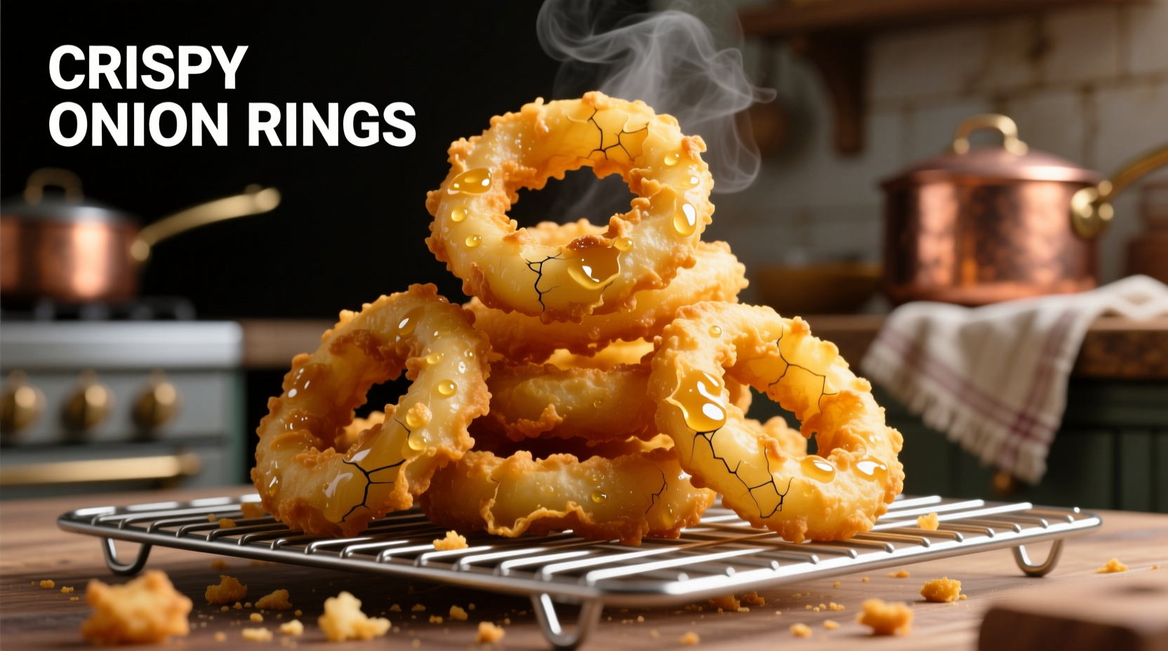 Golden battered onion rings on wire rack