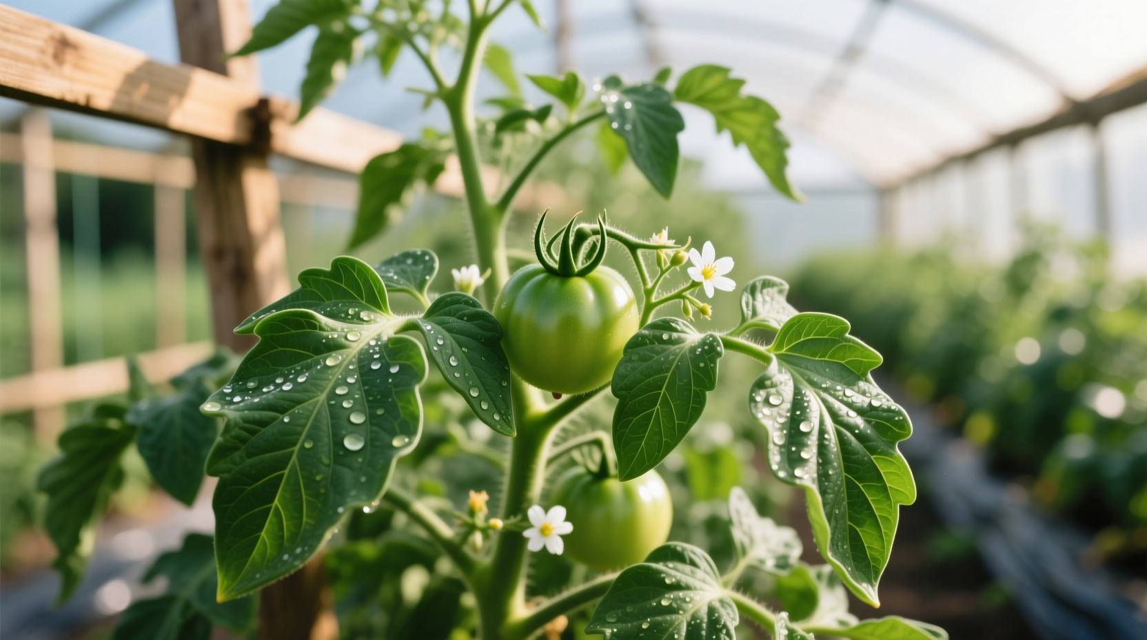 Close-up of healthy tomato plant with green leaves