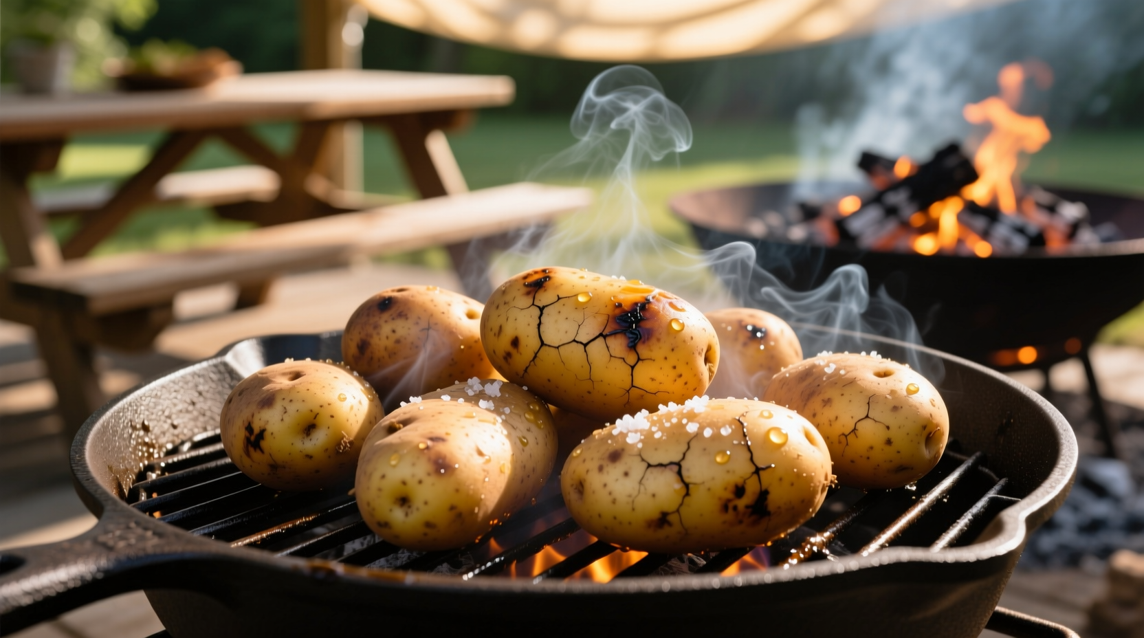 Potatoes grilling on indirect heat zone