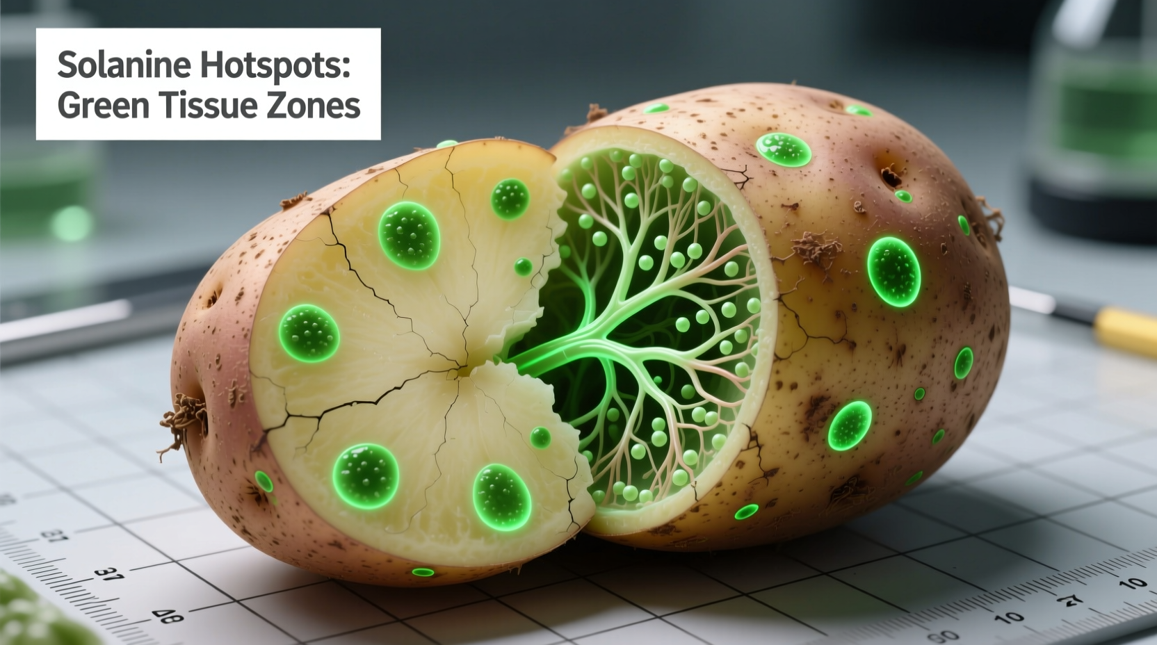 Green spots on raw potato indicating higher solanine levels