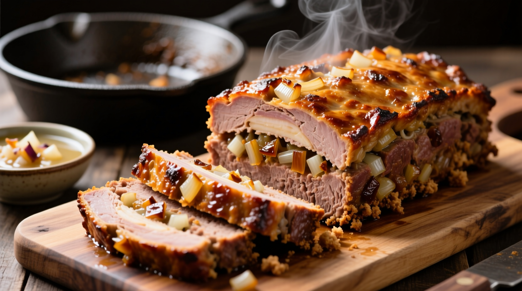 Perfectly sliced meatloaf with onion soup mix