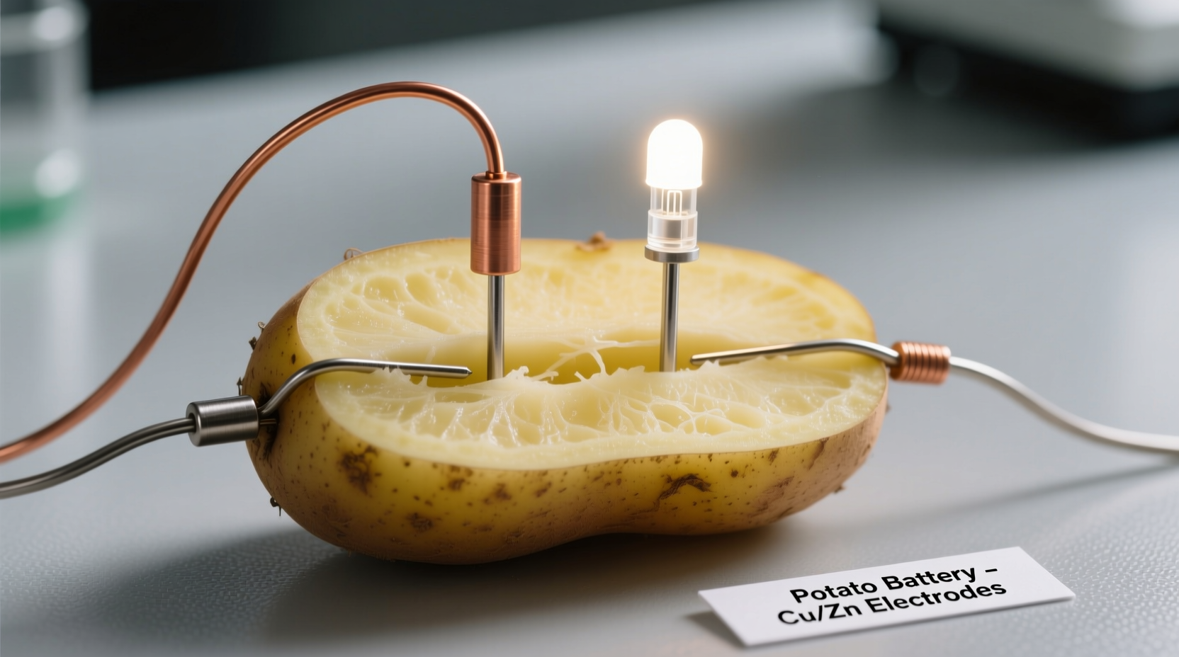 Potato battery powering small LED light with copper and zinc electrodes