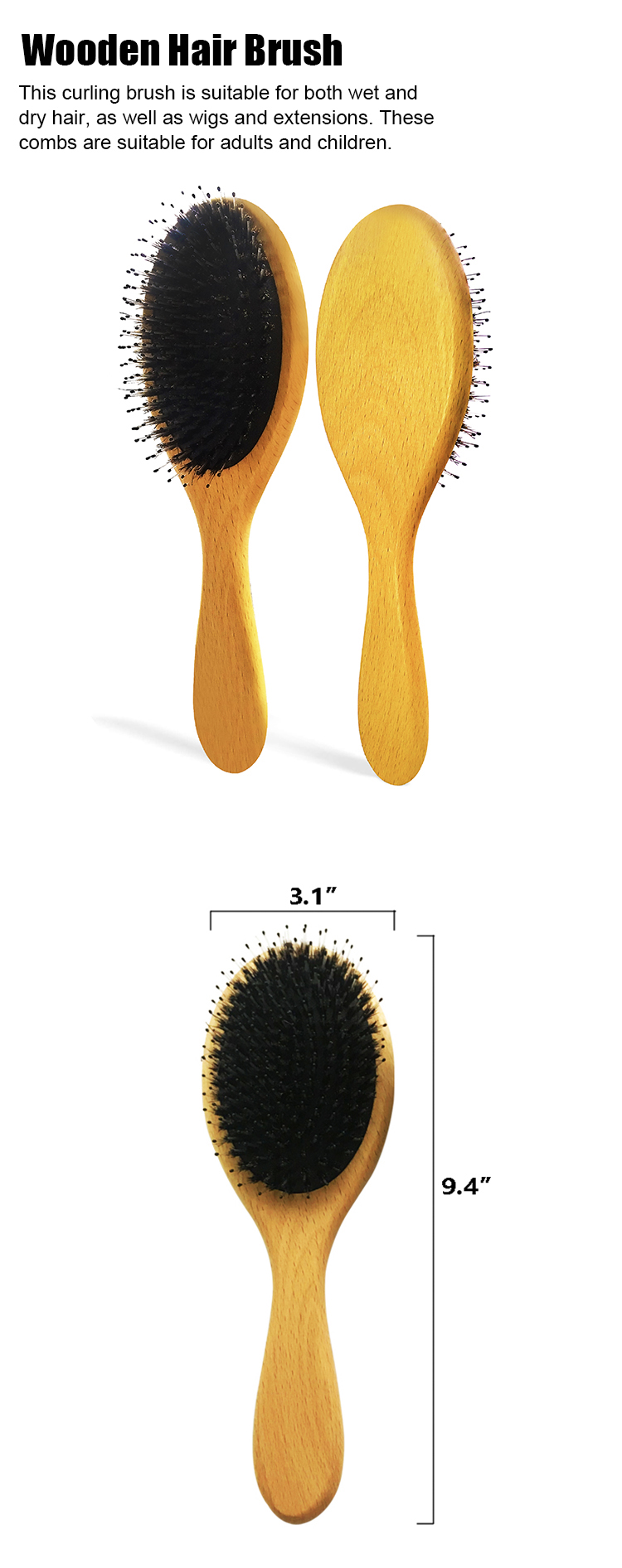 Bois naturel Démêlant Grande Ovale Brosse Poils De Sanglier Brosse À Cheveux