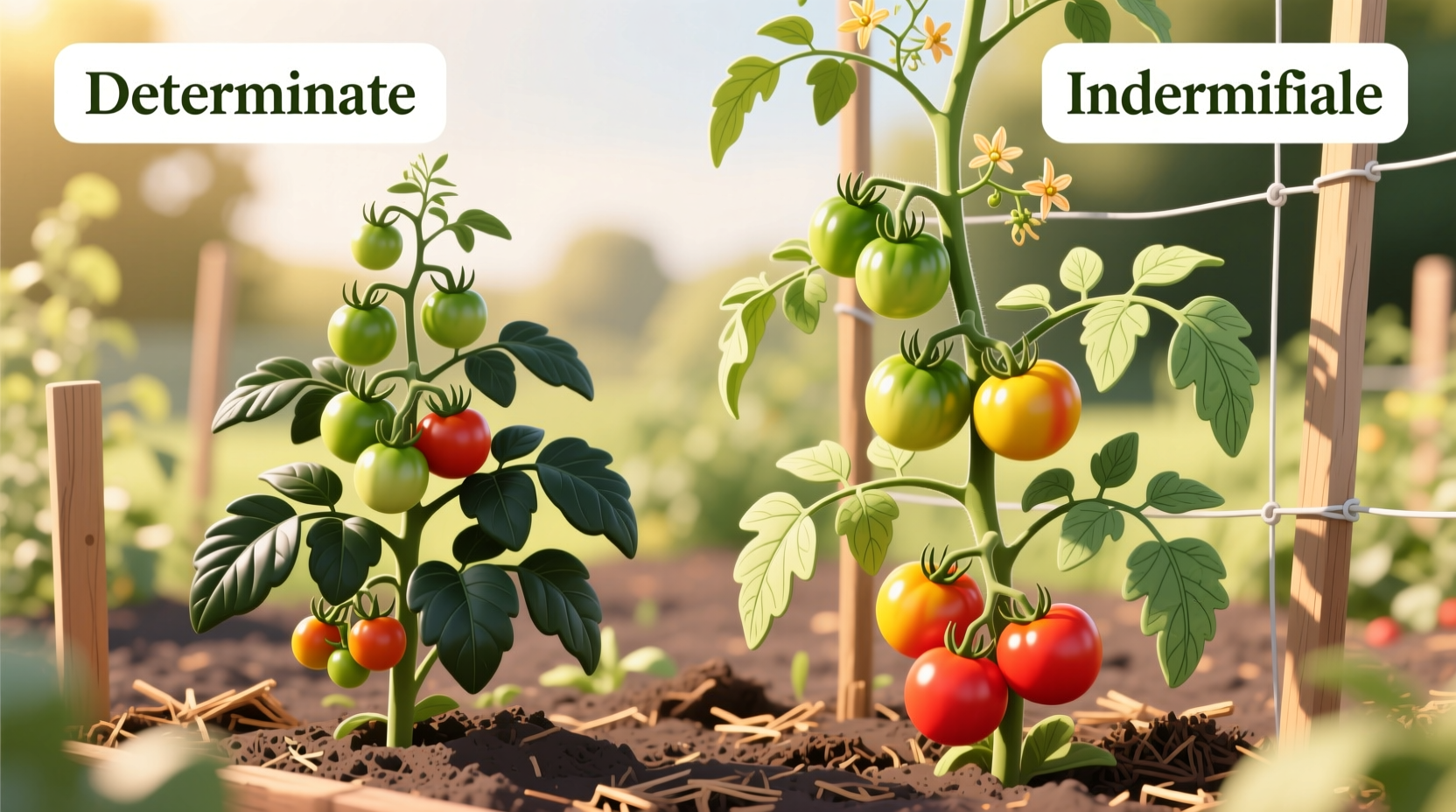 Side-by-side comparison of determinate and indeterminate tomato plants