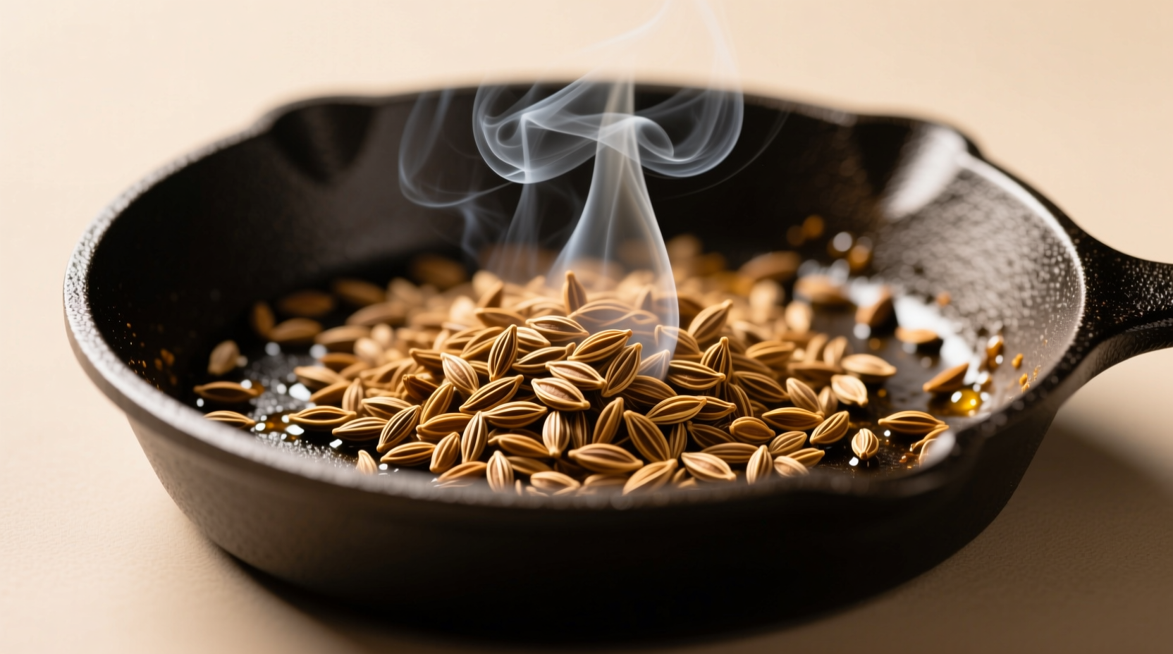 Close-up of whole cumin seeds sizzling in a dry skillet, releasing aromatic smoke