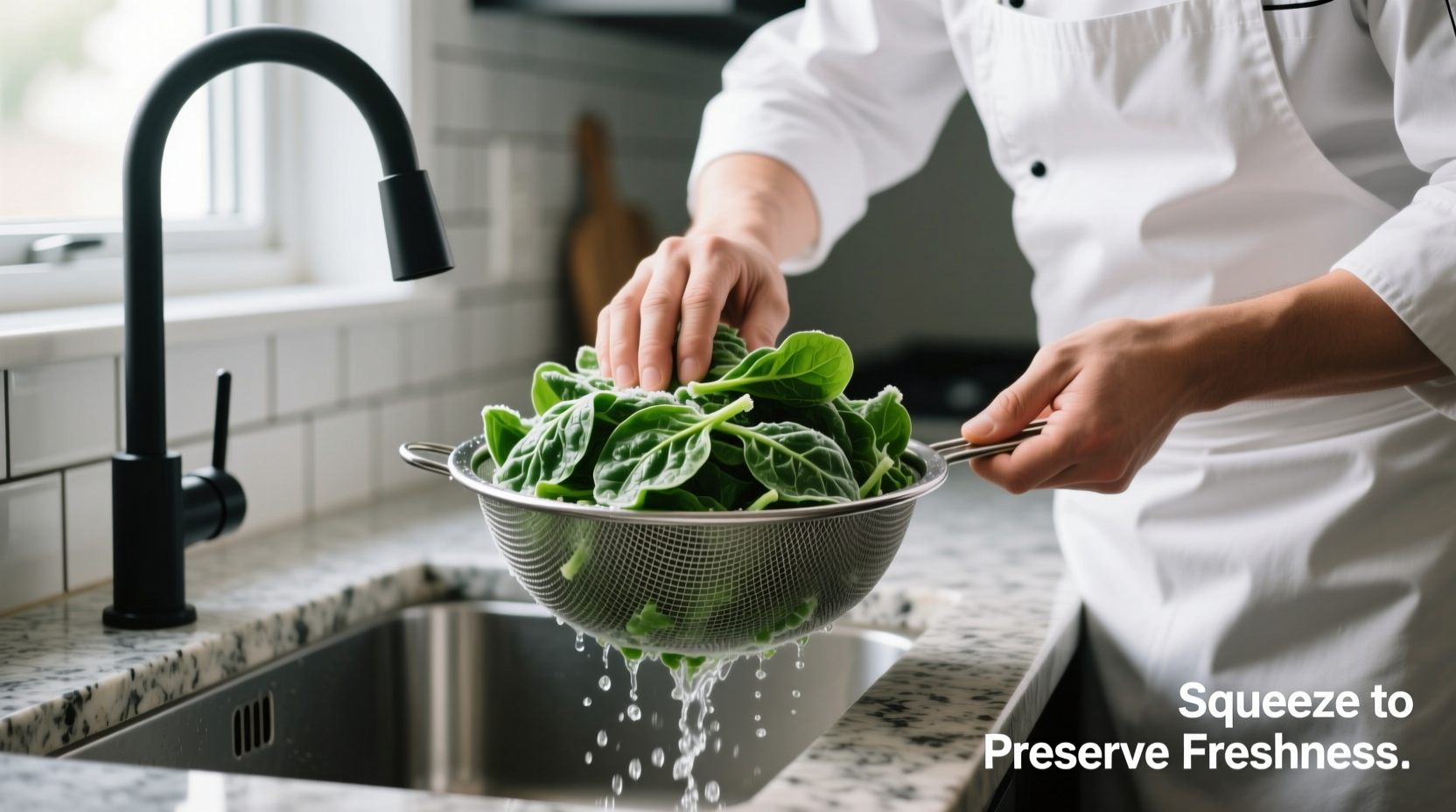 Chef squeezing excess water from thawed frozen spinach in strainer